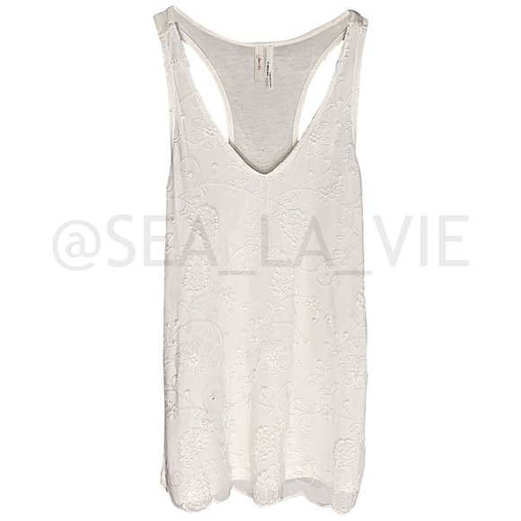 Frenchi Tops - Frenchi Floral Embroidered Lace-Panel Racerback Top in Cream